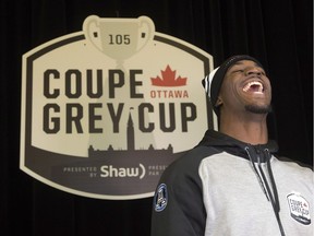 Running back James Wilder, one of the best CFL players Toronto Argos' quarterback Ricky Ray says he's ever seen, laughs as he speaks with reporters during Thursday's Grey Cup Media Day in Ottawa. The Argos play the Calgary Stampeders Sunday in the 105th Grey Cup.