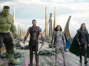 Mark Ruffalo as Hulk, from left, Chris Hemsworth as Thor, Tessa Thompson as Valkyrie and Tom Hiddleston as Loki in a scene from Thor: Ragnarok.