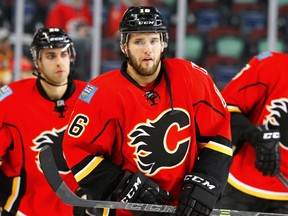 In this Nov. 10, 2016 file photo, Linden Vey warms up before a game with the Calgary Flames.