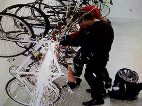 Security cameras captured two thieves using a portable grinder to cut the locks off various stored bikes at a North Vancouver apartment complex.