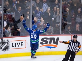 Vancouver Canucks' Bo Horvat celebrates his goal against the Pittsburgh Penguins during the third period of an NHL hockey game at Rogers Arena on Saturday.