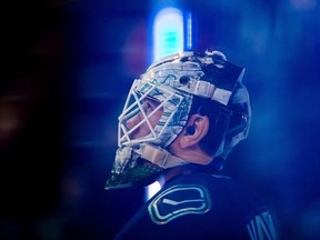Canucks goalie Jacob Markstrom stands in front of his net before an NHL game against the Detroit Red Wings in Vancouver on Nov. 6.