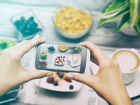 food phone photo selfie hand breakfast smart meal social media - stock image
