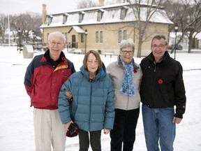 Mark Byington (left), Jean Fish, Faye Viergutz and Mervin Cross stand outside what was the Salvation Army Home for Unwed Mothers after reuniting in Regina. After decades of searching, Jean finally met her brothers Mark and Mervin and sister Faye in person. Mark was born in the building and adopted out to another family.