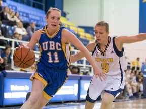 UBC Thunderbirds' Jessica Hanson takes it to the hoop against the Trinity Western University Spartans during U Sports Canada West action at UBC last week.