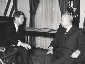 John Diefenbaker and John F. Kennedy meet at the Oval Office on Feb. 20, 1961