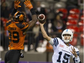BC Lions #39 Chandler Fenner blocks a pass from Toronto Argonauts #15 Ricky Ray at BC Place in Vancouver, November 04 2017.