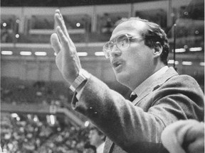 Bill LaForge bosses the bench of the woeful 1984-85 Canucks. He was fired after just 22 games in charge.