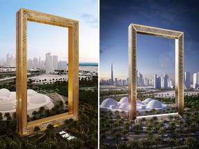 Concept art of the Dubai Frame showing it during the day and at dusk.