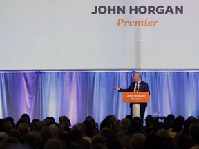 Premier John Horgan speaks to delegates and supporters during the B.C. NDP Convention at the Victoria Conference Centre in Victoria, B.C., on Saturday, November 4, 2017.