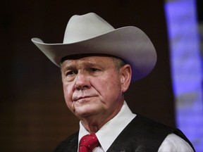 FILE - In this Monday, Sept. 25, 2017, file photo, former Alabama Chief Justice and U.S. Senate candidate Roy Moore speaks at a rally, in Fairhope, Ala. President Donald Trump in tweets Sunday, Nov. 26, is again coming to the side of Moore by bashing the Democratic nominee Doug Jones in the Alabama Senate race. (AP Photo/Brynn Anderson, File)