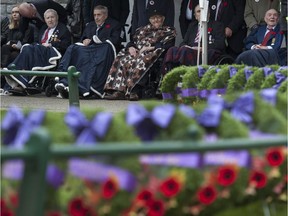 Veterans and wreaths at the Remembrance Day ceremony at the Victory Square cenotaph in Vancouver in 2016.