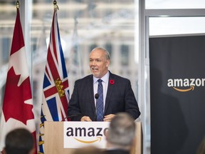 B.C. Premier John Horgan speaks to group gathered at Amazon's Vancouver office where it was announced the online distributor would expand in Vancouver.