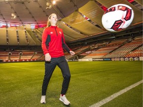 Jordyn Huitema, here training at B.C. Place Stadium for Thursday's Canada-U.S. game, became in June the first player in Canada to score at the national senior, Under-20 and Under-17 levels in one calendar year.