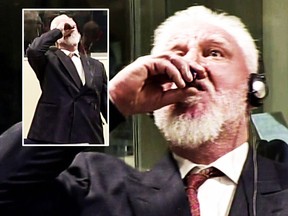 This videograb taken from live footage of the International Criminal Court, shows Croatian former general Slobodan Praljak swallowing what is believed to be poison, during his judgement at the UN war crimes court to protest.