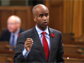 Minister of Immigration, Refugees and Citizenship Ahmed Hussen stands during question period in the House of Commons on Parliament Hill in Ottawa on Friday, Nov. 3, 2017.