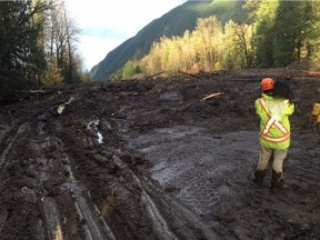 Ministry of transportation crews work to re-open Highway 1 to traffic. Three separate mudslides - one major and two minor - came down on Highway 1 early Thursday morning east of Chilliwack near Bridal Falls.