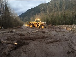 Ministry of transportation crews work to re-open Highway 1 to traffic. Three separate mudslides - one major and two minor - came down on Highway 1 early Thursday morning east of Chilliwack near Bridal Falls.