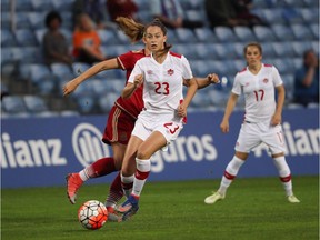 Canada's Jordyn Huitema moves the ball up the pitch during Algarve Cup action in Sao Joao da Venda, Portugal, on March 8.