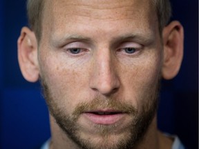 Vancouver Whitecaps goalkeeper David Ousted pauses while responding to questions during a news conference after the MLS soccer team was eliminated from the playoffs last week. Ousted said he wouldn't be returning to the team next season.