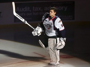 Windsor Spitfire goalie Michael DiPietro is introduced before the season opener at the WFCU Centre in Windsor, ON. on Thursday, September 21, 2017.