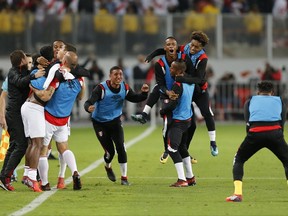 Peru's bench celebrates after teammate Jefferson Farfan scored their side's first goal against New Zealand during a play-off qualifying match for the 2018 Russian World Cup in Lima, Peru, Wednesday, Nov. 15, 2017. Peru won the match 2-0 and qualified for the World Cup for the first time in 36 years. (AP Photo/Karel Navarro)