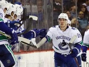 Bo Horvat #53 of the Vancouver Canucks celebrates his shorthanded goal against the New York Islanders at 6:33 of the second period at the Barclays Center on November 28, 2017 in the Brooklyn borough of New York City.