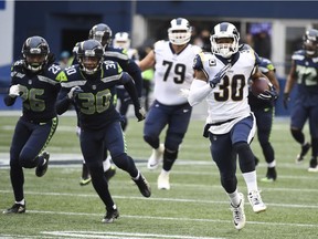 Todd Gurley of the Los Angeles Rams rushed for 152 yards, second best in his career, against the banged-up Seattle Seahawks defence, despite sitting for most of the second half.