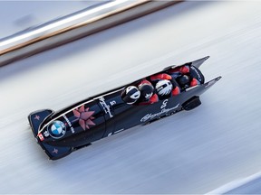 2nd placed Pilot Justin Kripps with Alexander Kopacz, Jesse Lumsden and Oluseyi Smith of Canada compete during the 2nd run of the four-man Bobsleigh event within the 2017-2018 IBSF World Cup Bobsled and Skeleton series on December 17, 2017 at the Olympic Bobsleigh Run in Innsbruck/Igls ahead of the 2018 Olympic Winter Games, which will be held in February in South Korea.