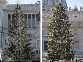 This combo picture taken Tuesday Dec.19, 2017 shows at left Rome's official Christmas tree placed in Piazza Venezia Square and at right the one placed in St. Peters's Square at the Vatican. Despite the tree's 600 silver-colored decorative balls, the half-bare branches lend the square a forlorn rather than festive look and critics note that across town, the Vatican's Christmas tree, from Poland, looks healthy.