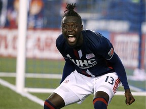 The New England Revolution's, now Whitecaps', Kei Kamara protests a call against Columbus during an MLS game in Foxborough, Mass., on Aug. 20, 2016.