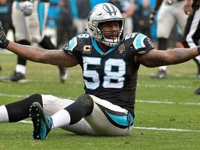Thomas Davis of the Carolina Panthers reacts after a play against the Green Bay Packers on Dec. 17, 2017