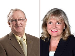 Liberal Gordie Hogg (left) and Conservative Kerry-Lynne Findlay are the consensus frontrunners in Monday's federal byelection in South Surrey-White Rock.