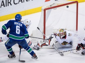 Brock Boeser goes roof on Anton Forsberg for his team-leading 21st goal Thursday.