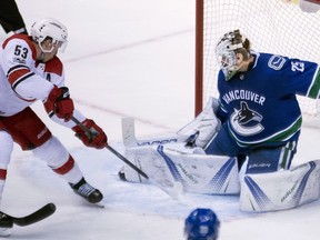 Jacob Markstrom stops a shot from Jeff Skinner.