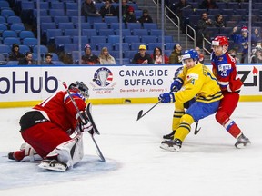 Sweden's Elias Pettersson goes to the net against Russia goalie Vladislav Sukhachyov.