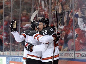In this Dec. 27, 2016 file photo, Team Canada forward Michael McLeod celebrates his goal against Slovakia at the world juniors in Toronto.