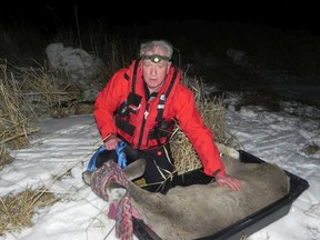 Mike Ritcey was part of a search and rescue team that took it upon themselves to rescue a doe stranded on ice for over a day. Though wobbly after being rescued, the deer ran off and appeared to be fine.