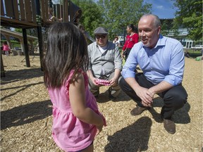 BC NDP leader John Horgan addresses the issue of child care Wednesday, June 7, 2017 at the Trout Lake community centre in Vancouver, B.C.