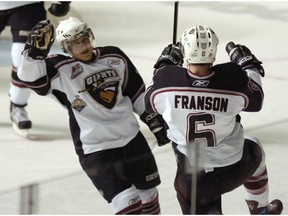 Wacey Rabbit of the Vancouver Giants, left, celebrates a goal at the 2007 Memorial Cup at the Pacific Coliseum with teammate Cody Franson. Rabbit was pulled out of Saskatoon in a WHL deal considered one of Vancouver's better deals.