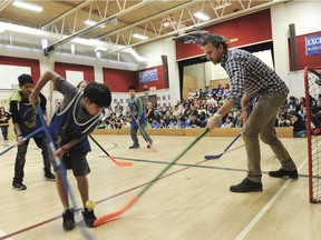 Vancouver Canucks President took on some students in floor hockey during a 2012 visit to Mary Jane Shannon Elementary school in Surrey. The school is one of two to receive a seismic upgrade grant from the B.C. government.