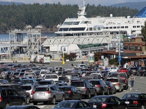 Vehicles fill the parking lot at Swartz Bay ferry terminal on the busy Thanksgiving weekend.