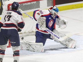 Windsor Spitfires goaltender Mikey DiPietro is beaten over his right shoulder by Saginaw Spirit forward Coley Coskey during Sunday's game at the WFCU Centre.