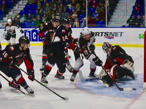 Jared Dmytriw scores one of his two goals on the game for the Vancouver Giants against the Prince George Cougars on Monday.
