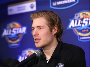 Brock Boeser addresses the media during Media Day for the 2018 NHL All-Star Game.