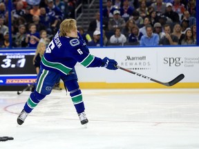 Brock Boeser competes in the Honda NHL Accuracy Shooting during the 2018 GEICO NHL All-Star Skills Competition on Saturday.