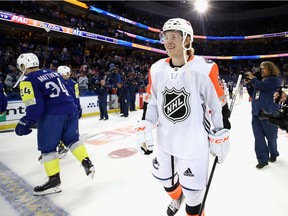 Brock Boeser reacts after winning MVP during the 2018 Honda NHL All-Star Game between the Atlantic Division and the Pacific Divison at Amalie Arena on Jan. 28, 2018 in Tampa, Florida.