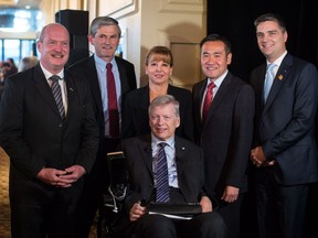 B.C. Liberal leadership candidates Mike de Jong, from left to right, Andrew Wilkinson, Dianne Watts, Sam Sullivan, Michael Lee and Todd Stone.