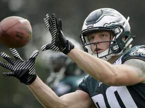 Philadelphia Eagles's Adam Zaruba catches a pass during NFL football training camp in Philadelphia, Friday, July 28, 2017. Time is now on Zaruba's side .Last week, the Canadian rugby sevens player re-signed with the Philadelphia Eagles.