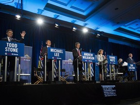 L-R. Todd Stone, Michael Lee, Andrew Wilkinson, Dianne Watts, Sam Sullivan, and Michael de Jong, candidates running for the leadership of the BC Liberal party debate at the Westin Bayshore .